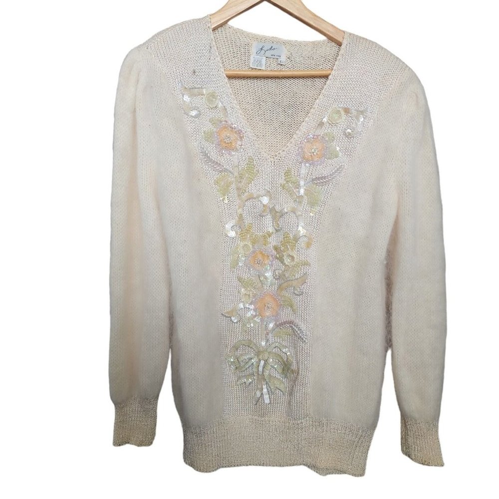 Vtg Lido New York Women's Sz L Ivory Knit Angora Rhinestones Top Sweater